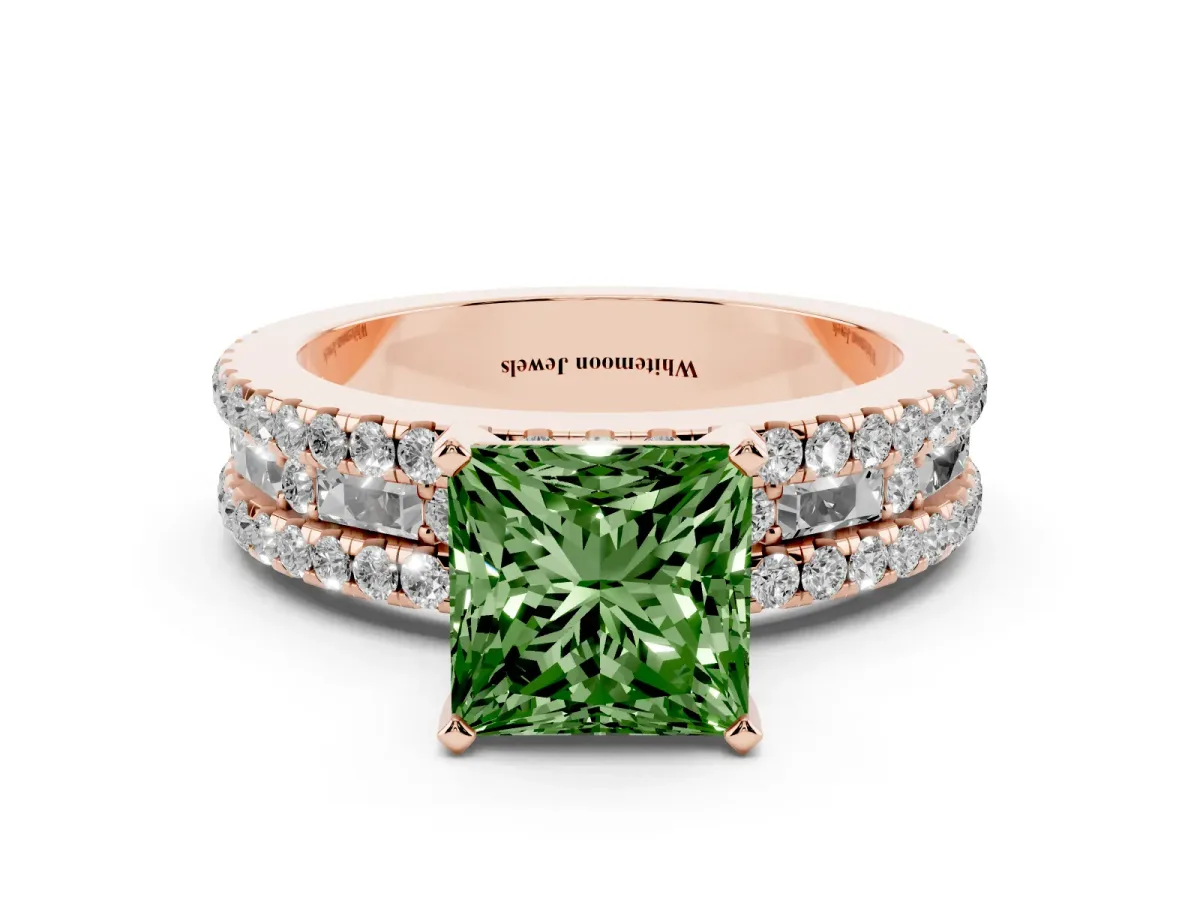 Fancy Green Princess Cut Diamond Solitaire Ring with Pavé and Channel Set Band Rose gold