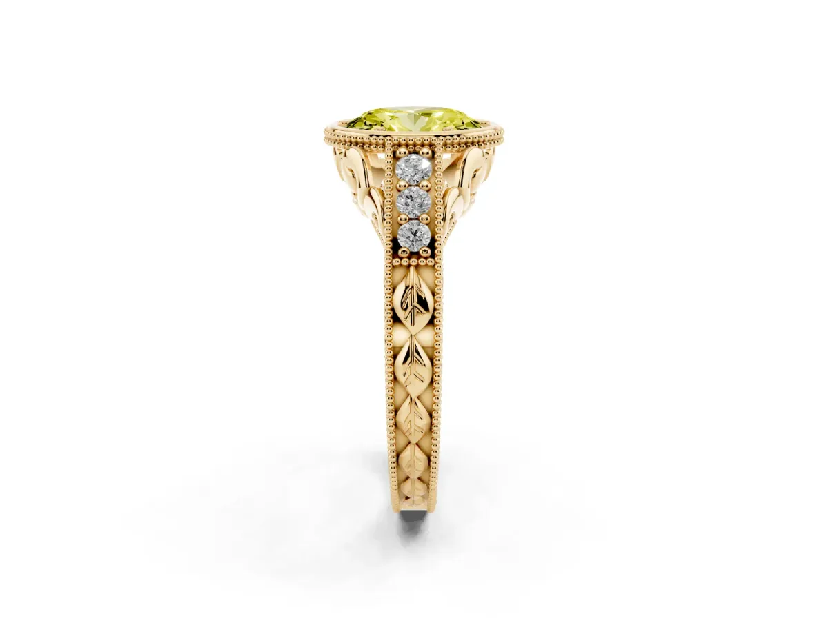Fancy Yellow Bezel Set Oval Cut Diamond Milgrain Pave Engagement Ring Yellow gold