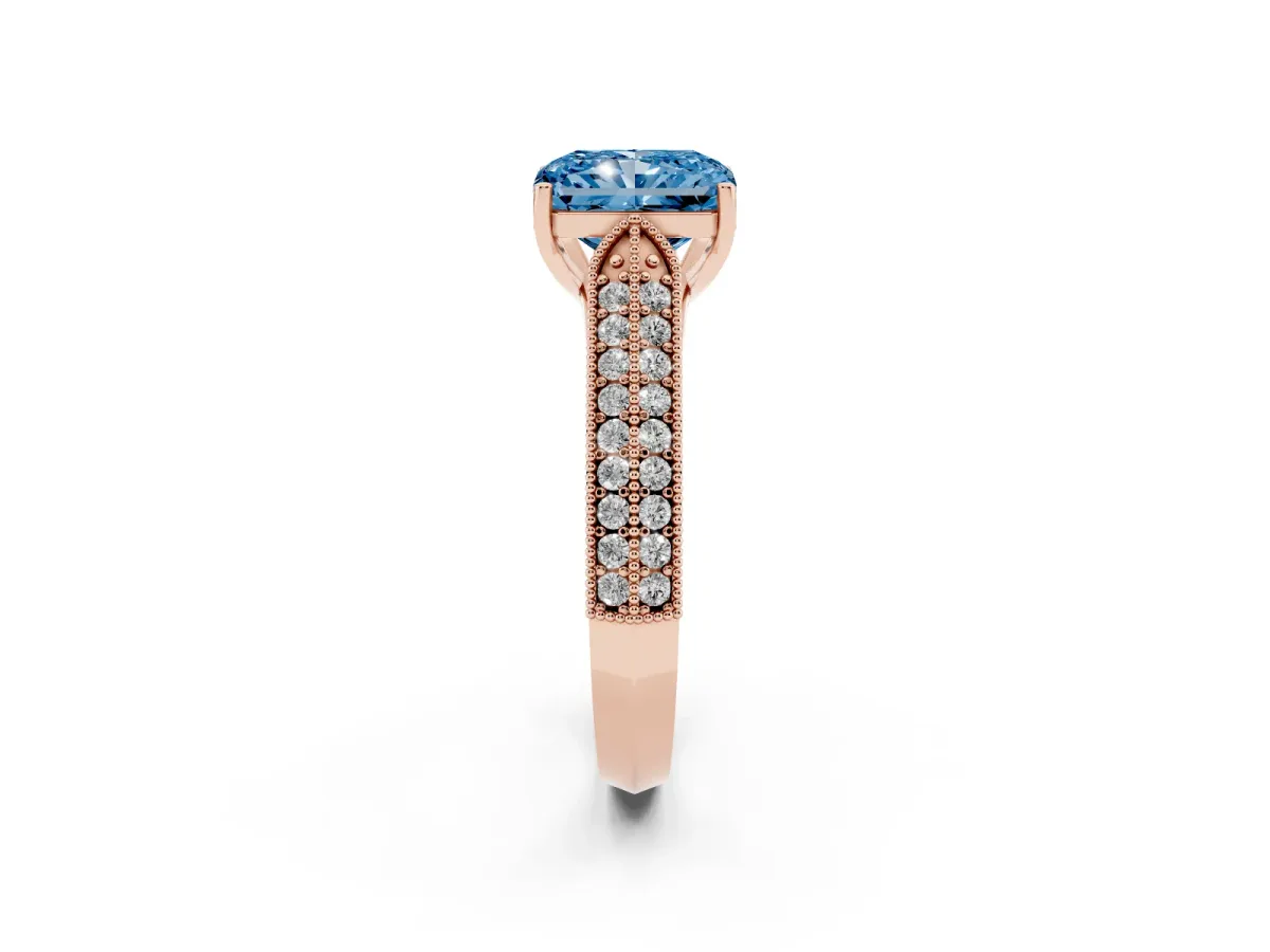 Fancy Blue Radiant Cut Cut Pave Split Shank Engagement Ring with Four-Prong Setting Rose gold