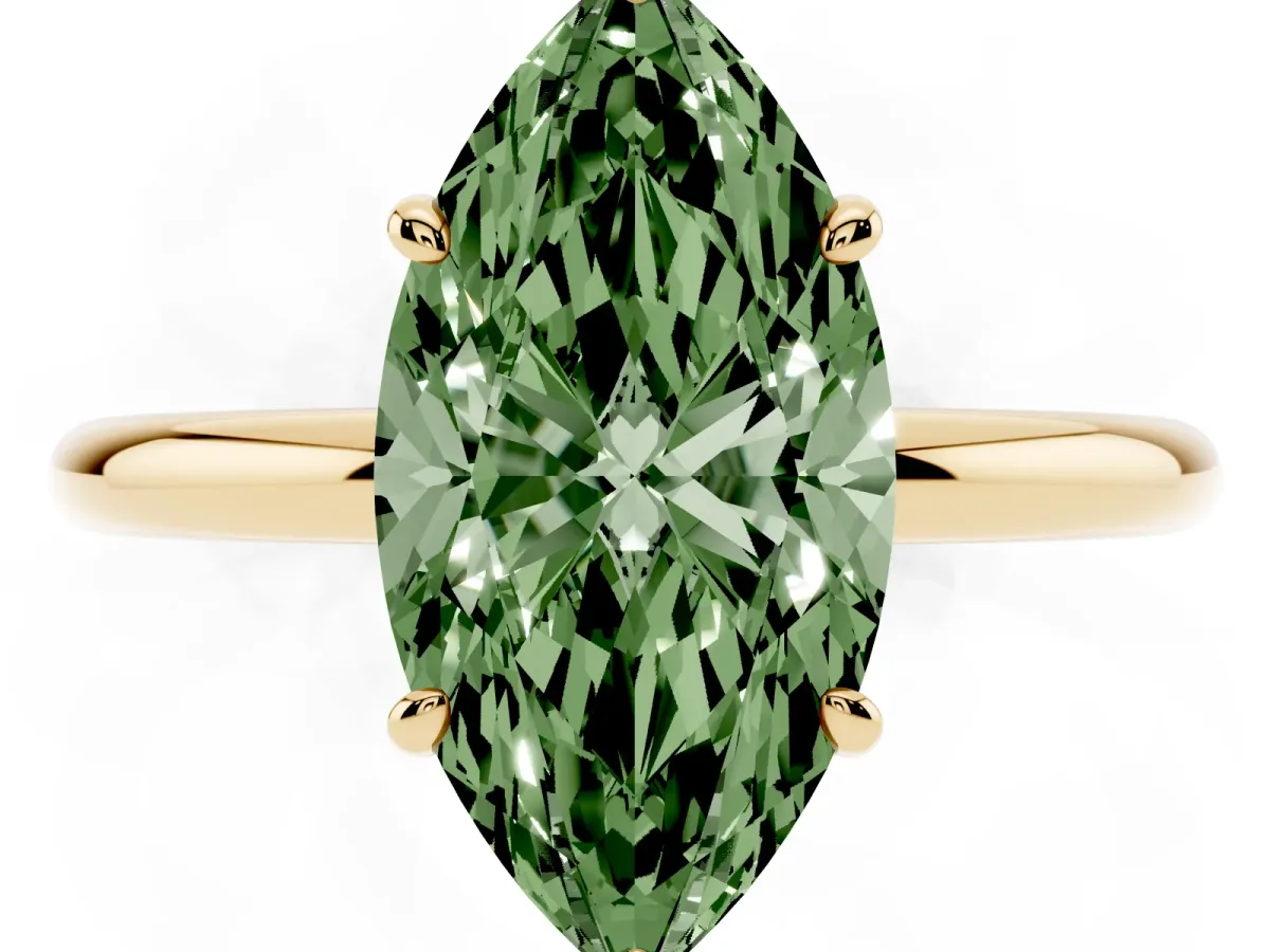 Fancy Green Marquise Cut Solitaire Diamond Ring with Four-Prong Setting on a Plain Band Yellow gold