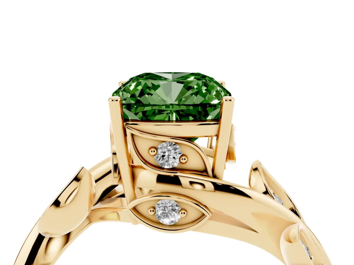 Fancy Green Cushion Cut Solitaire Twist Engagement Ring with Leaf Accents and Prong Setting Yellow gold