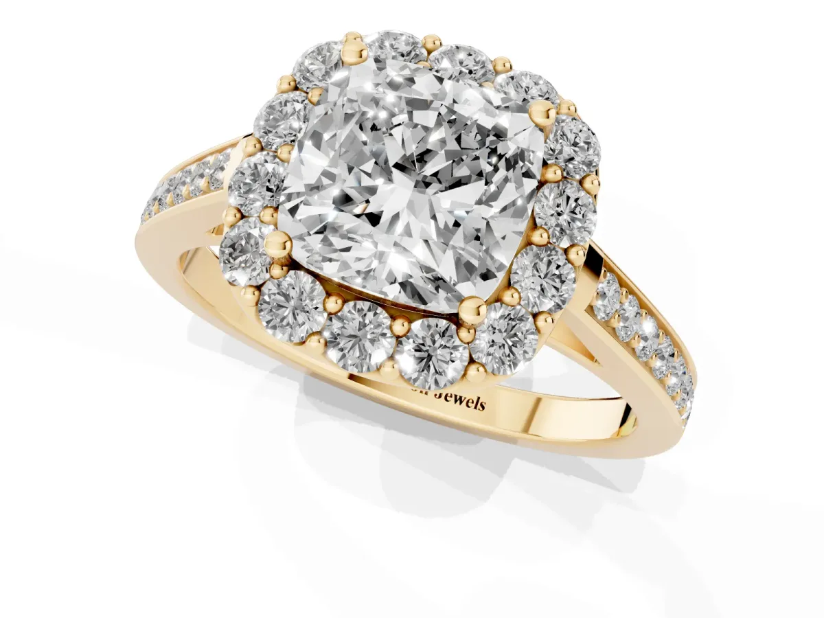 Cushion Cut Diamond Floral Halo Ring with Pavé Band and Prong Setting Yellow gold
