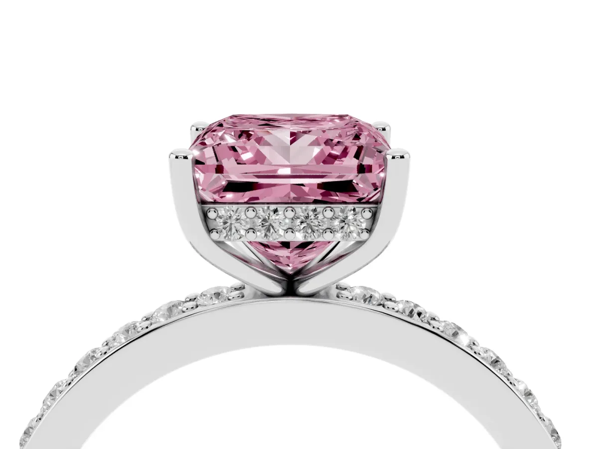 Fancy Pink Princess Cut Cut Diamond Pavé Band Ring with Four-Prong Setting Silver