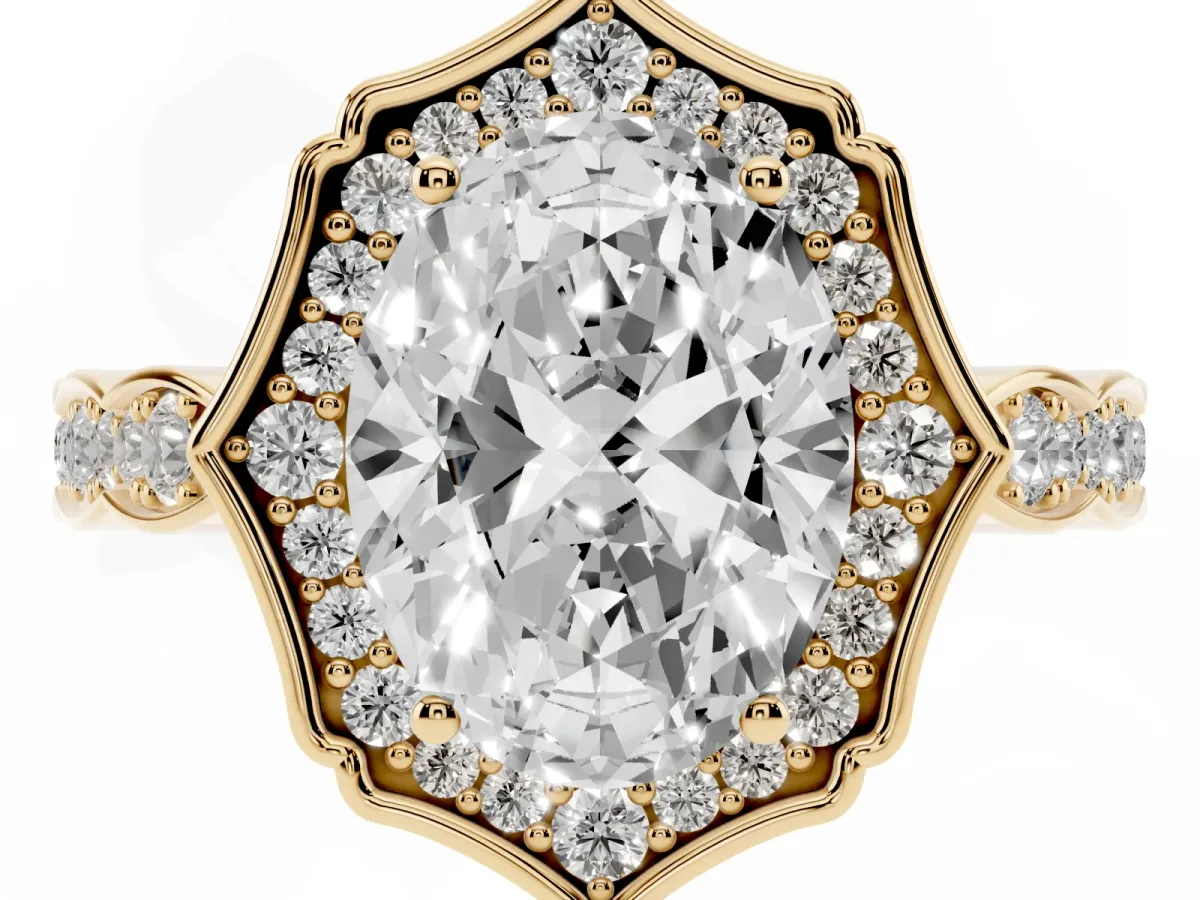 Oval Cut Halo Diamond Engagement Ring with Milgrain Band and Four-Prong Setting Yellow gold