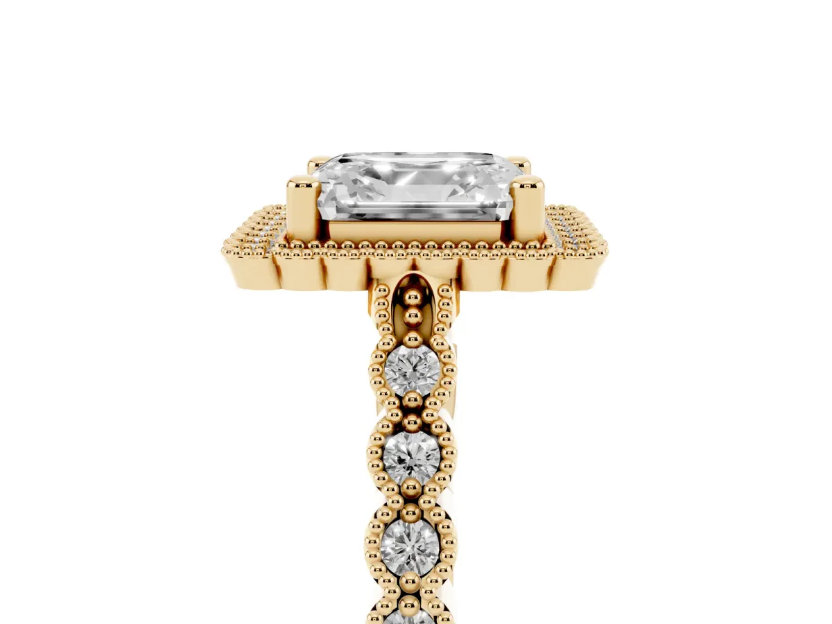 Asscher Cut Cut Halo Pavé Solitaire Ring with Milgrain Band Yellow gold