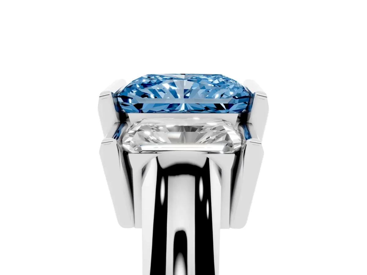 Fancy Blue Three Stone Radiant Cut Cut Channel Set Diamond Ring Silver
