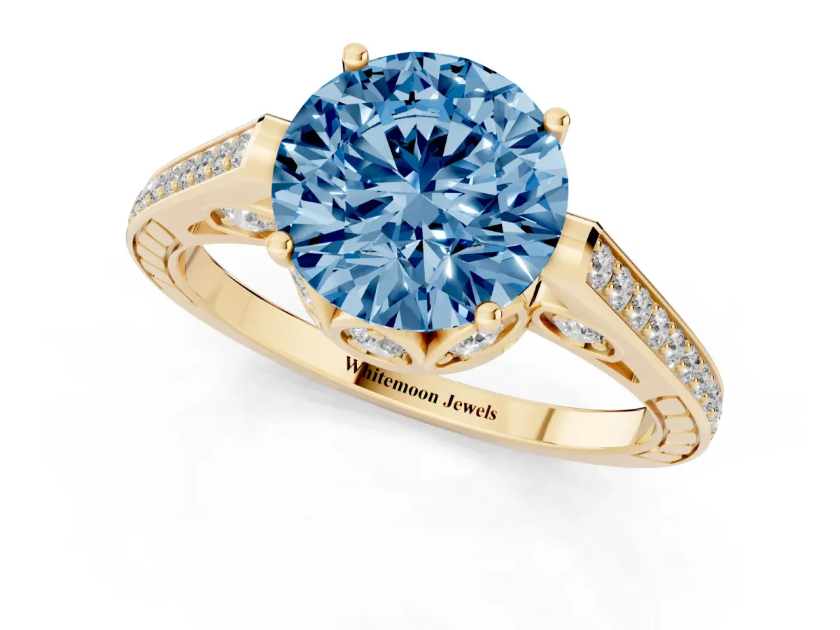 Fancy Blue Round Cut Cut Cathedral Pave Diamond Engagement Ring with Six-Prong Setting Yellow gold