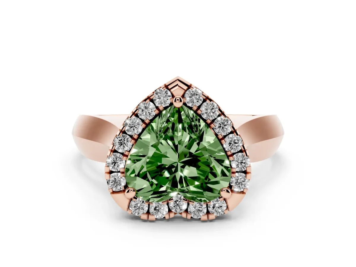 Fancy Green Heart Cut Cut Halo Solitaire Engagement Ring with Square Band and Four-Prong Setting Rose gold