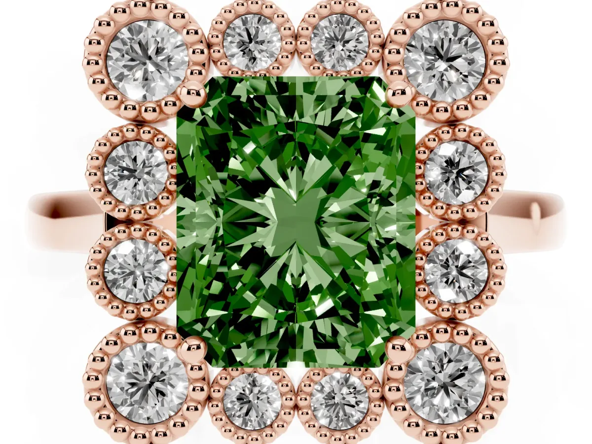 Fancy Green Radiant Cut Halo Diamond Cluster Engagement Ring with Milgrain Bezel Setting and Solitaire Band Rose gold