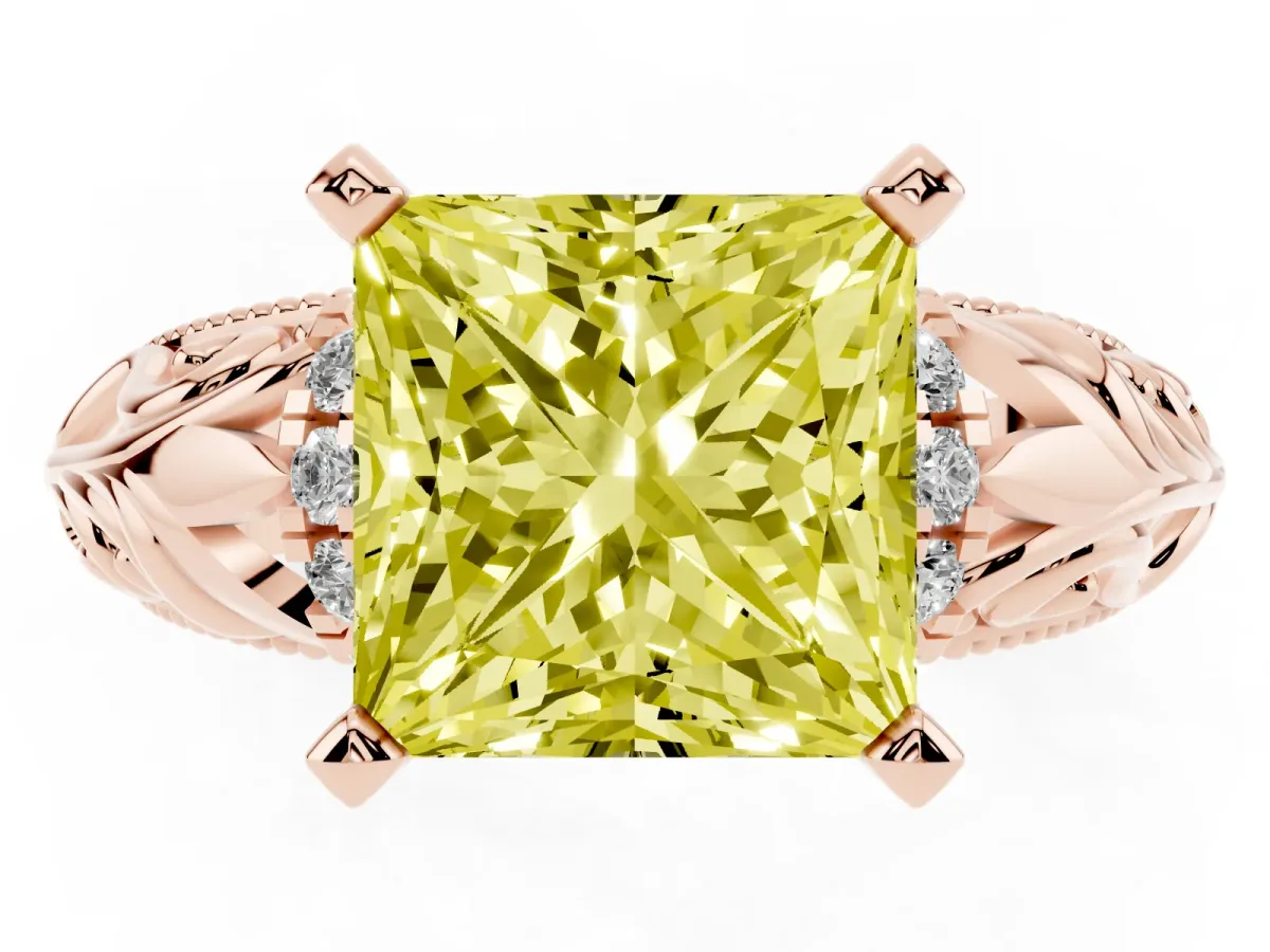 Fancy Yellow Princess Cut Solitaire Filigree Engagement Ring with Halo and Prong Setting Rose gold