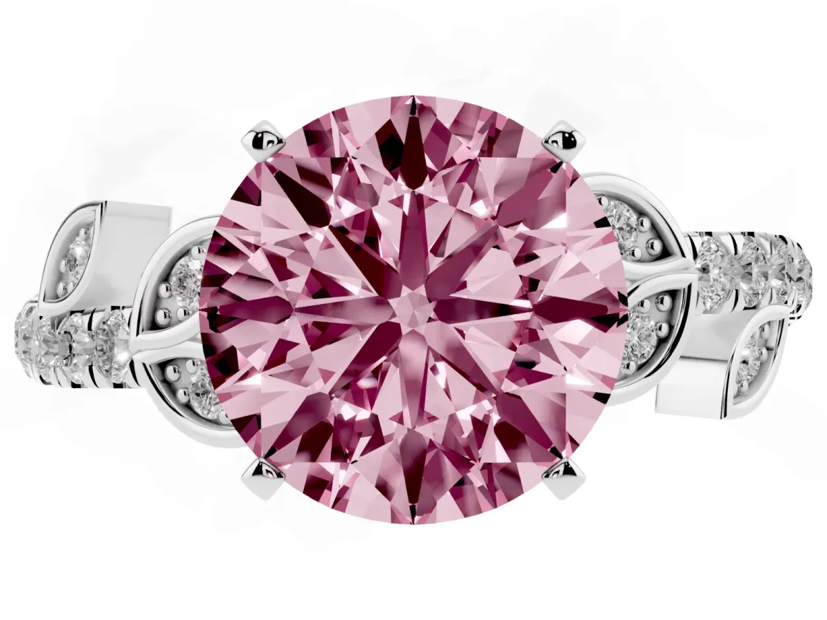 Fancy Pink Round Cut Solitaire Leaf-Inspired Diamond Ring with Pavé Band and Four-Prong Setting Silver