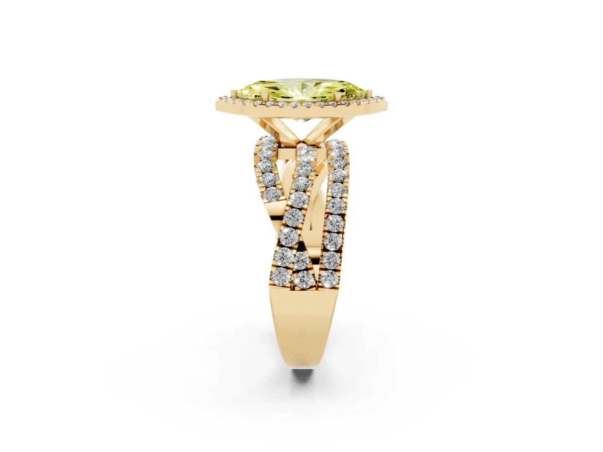 Fancy Yellow Marquise Cut Diamond Halo Ring with Round Split Shank and Prong Setting Yellow gold
