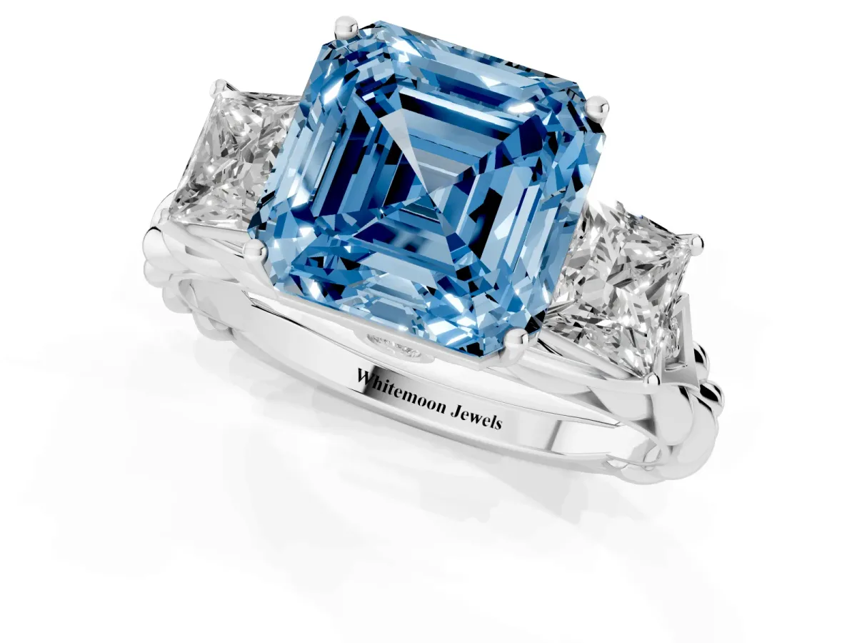 Fancy Blue Three-Stone Asscher Cut Diamond Braided Band Ring with Four-Prong Setting Platinum