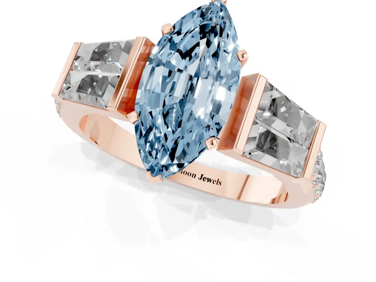 Fancy Blue Marquise Cut Diamond Engagement Ring with Baguette Side Stones and Channel Set Band Rose gold
