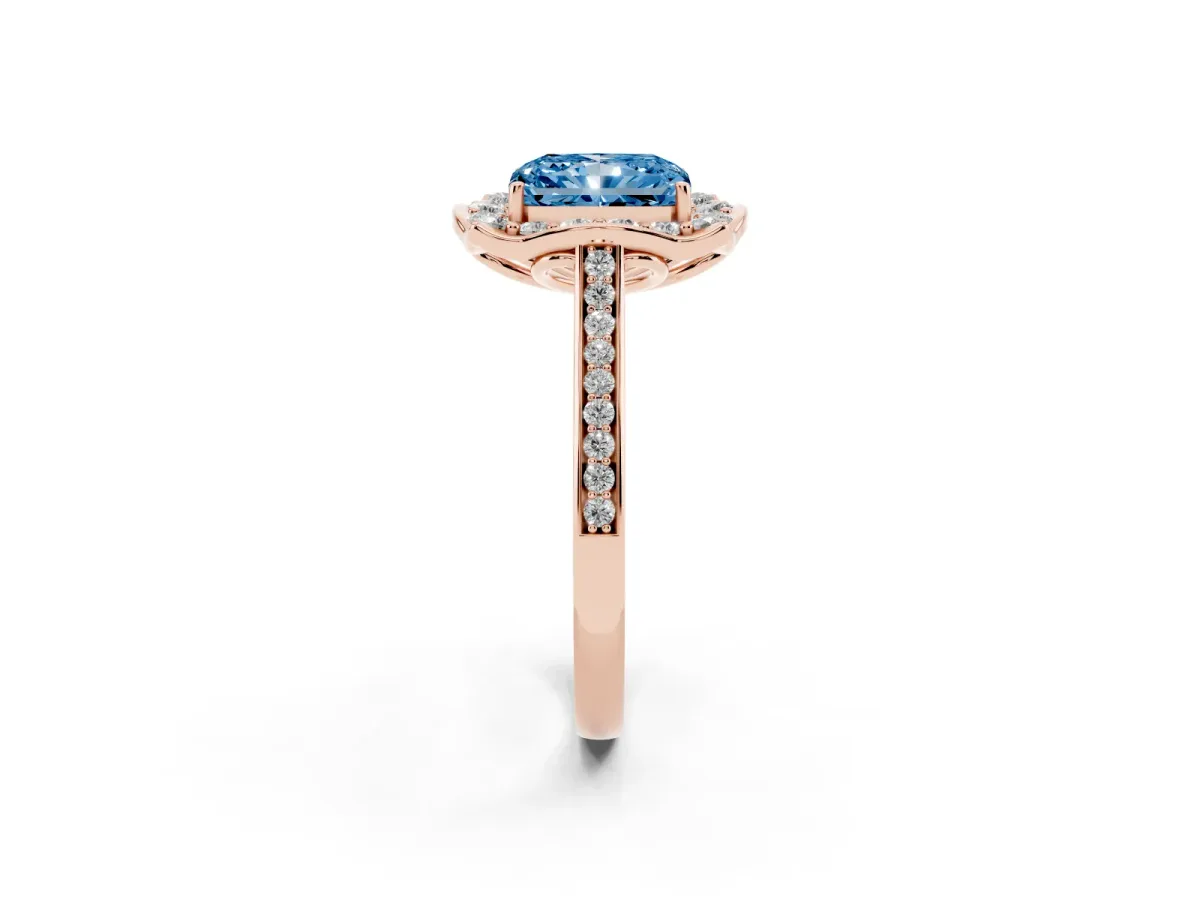 Fancy Blue Radiant Cut Halo Round Diamond Pave Band with Four-Prong Setting Rose gold