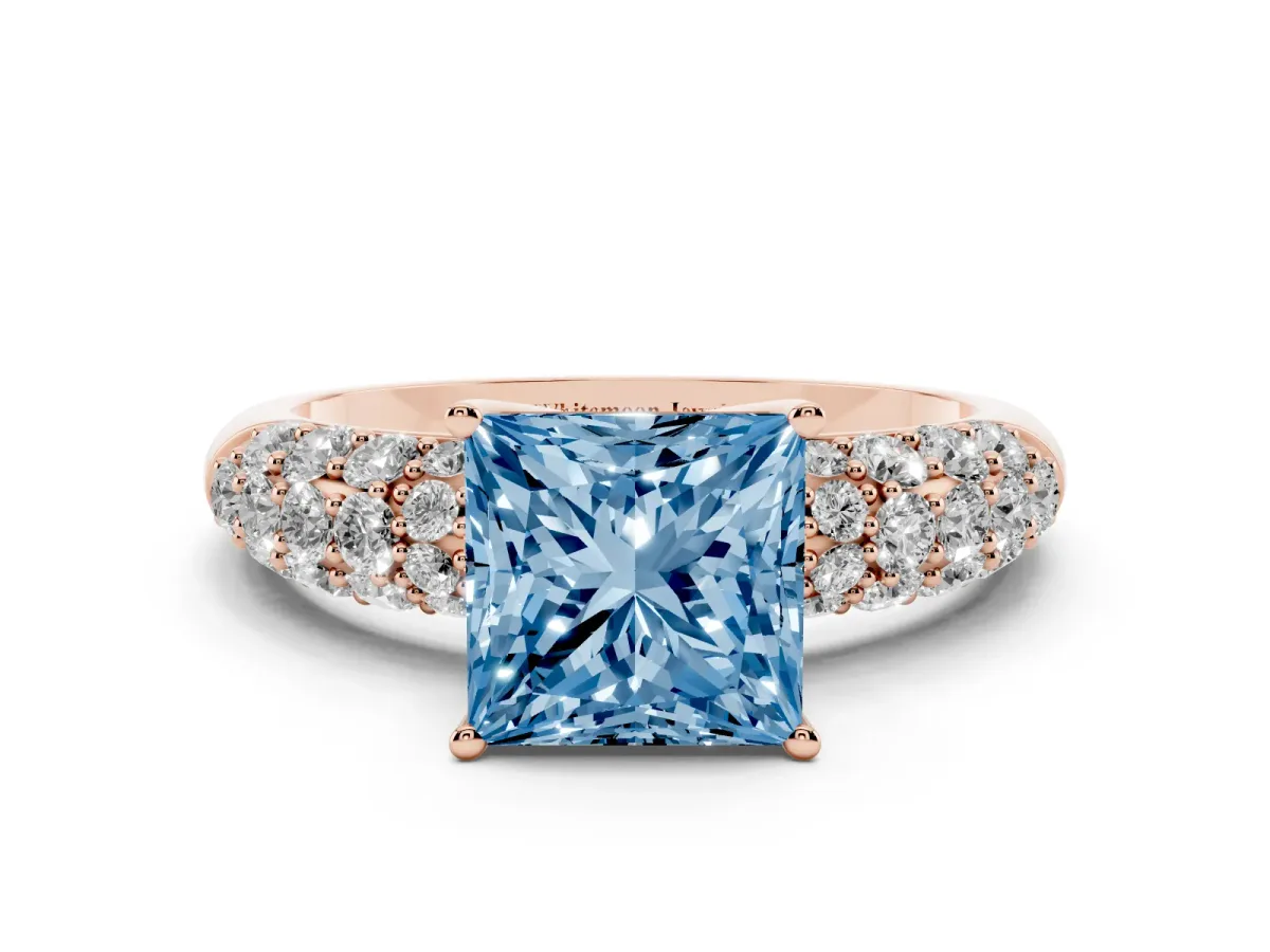 Fancy Blue Princess Cut Diamond Pavé Band Solitaire Ring with Four-Prong Setting Rose gold