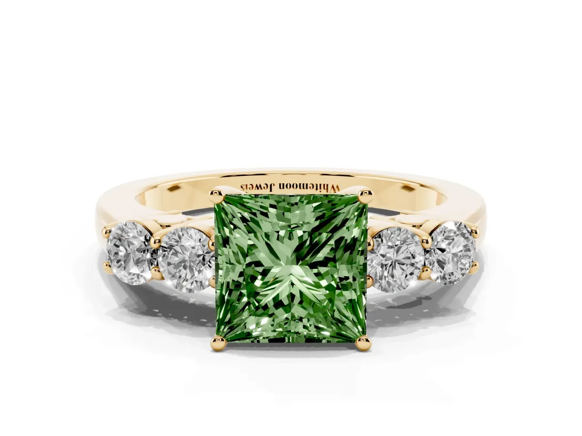 Fancy Green Princess Cut Cut Diamond Five-Stone Prong Set White Gold Ring Yellow gold