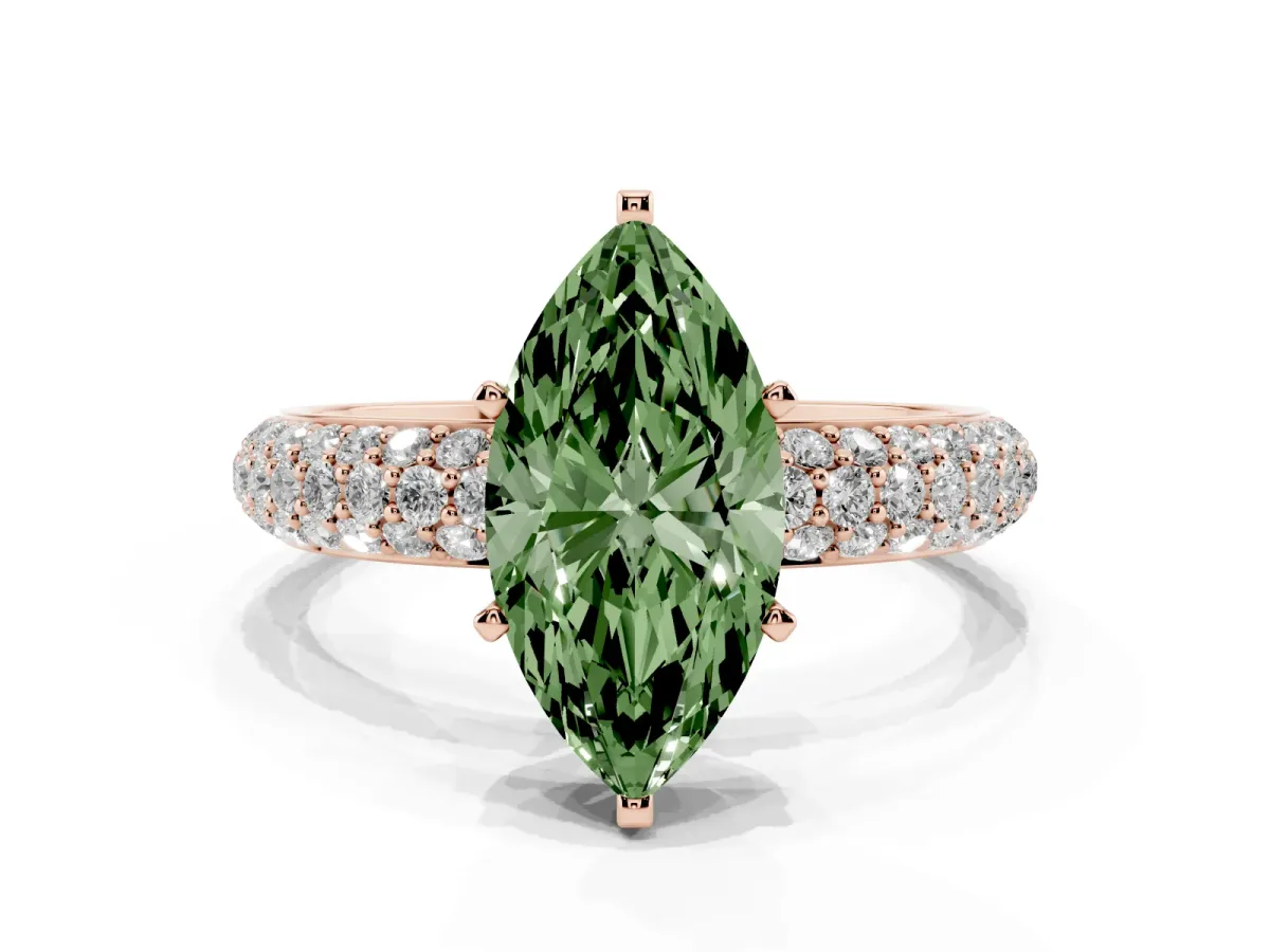 Fancy Green Marquise Cut Diamond Solitaire Ring with Prong Setting and Pavé Band Rose gold