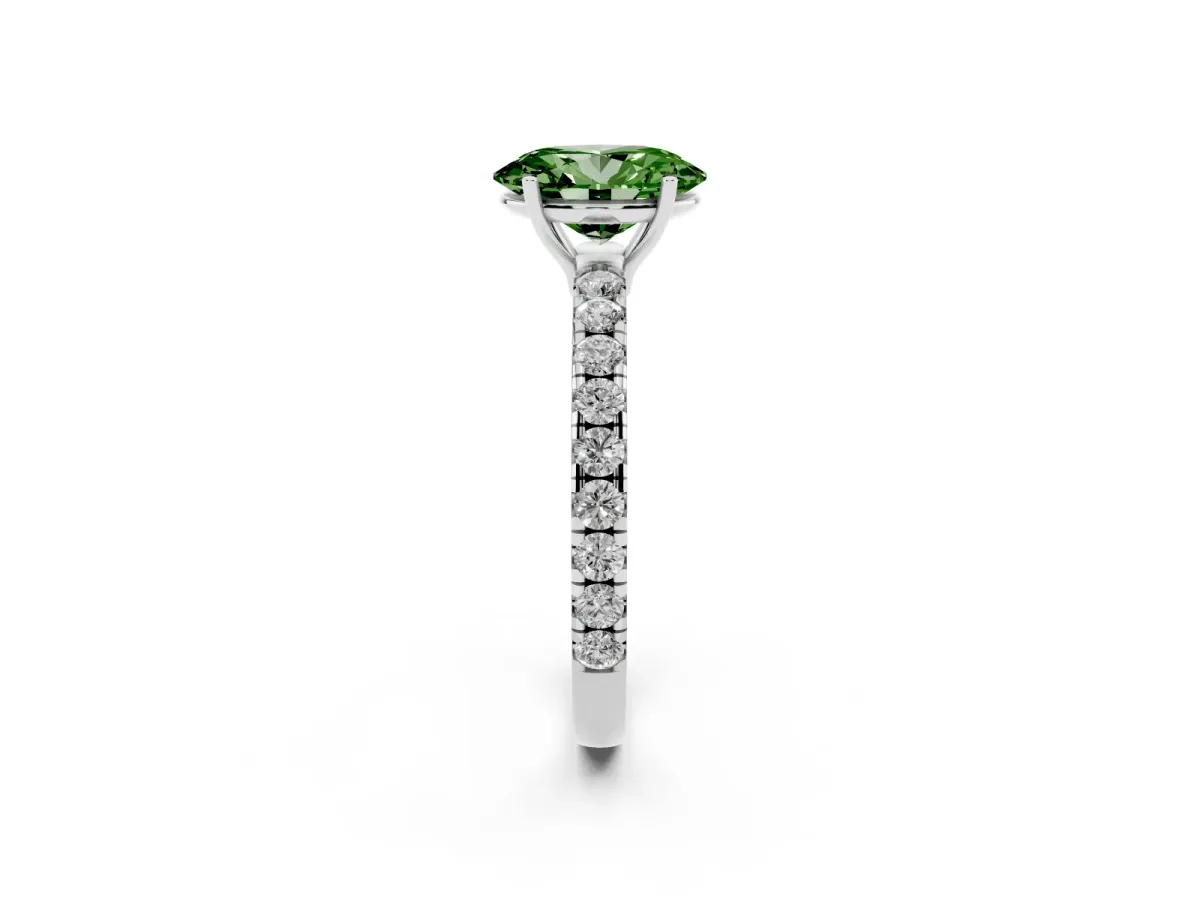 Fancy Green Oval Cut Diamond Pavé Solitaire Engagement Ring with Four-Prong Setting Platinum