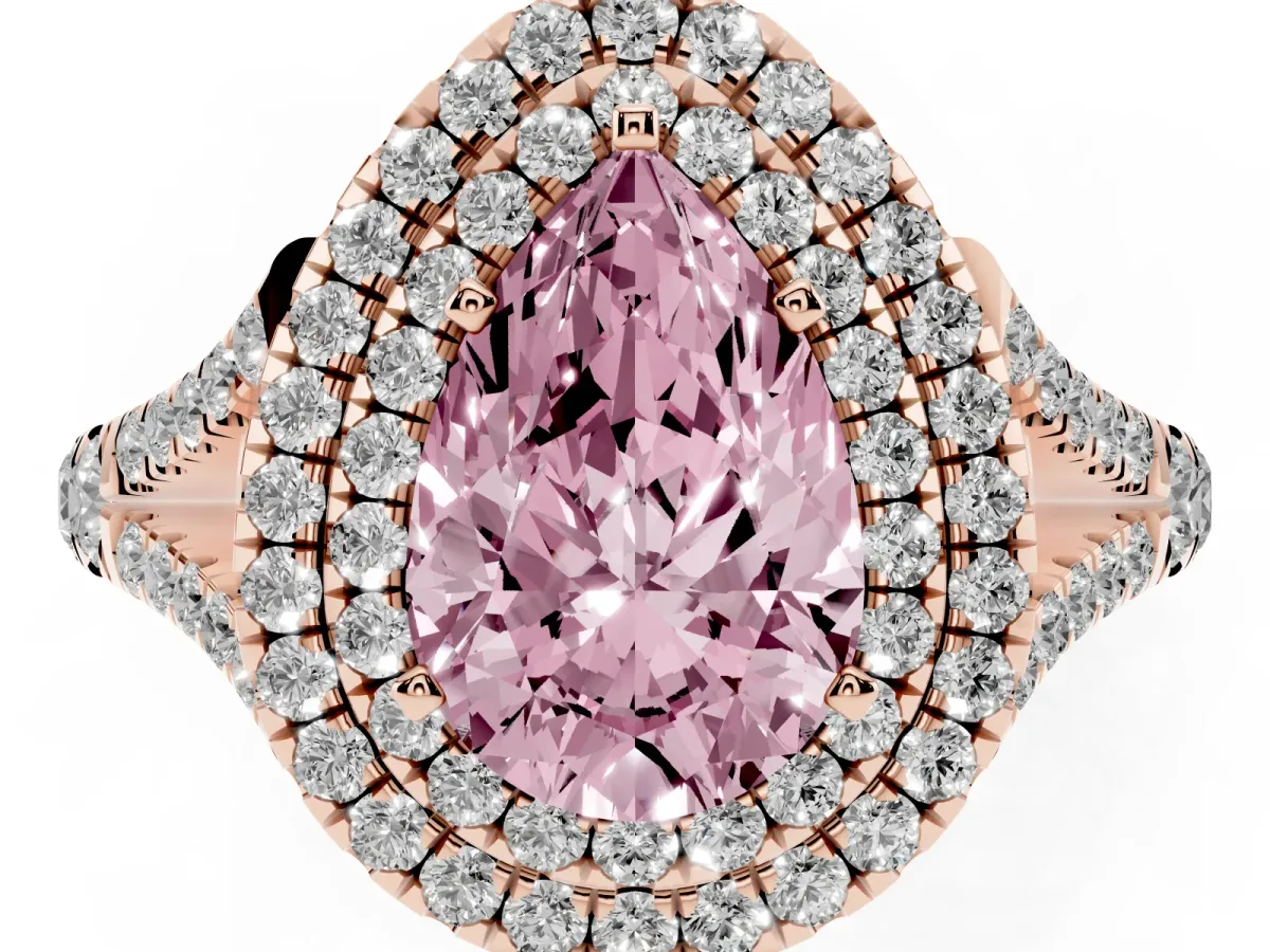 Fancy Pink Pear Cut Cut Double Halo Split Shank Diamond Ring with Prong Setting Rose gold