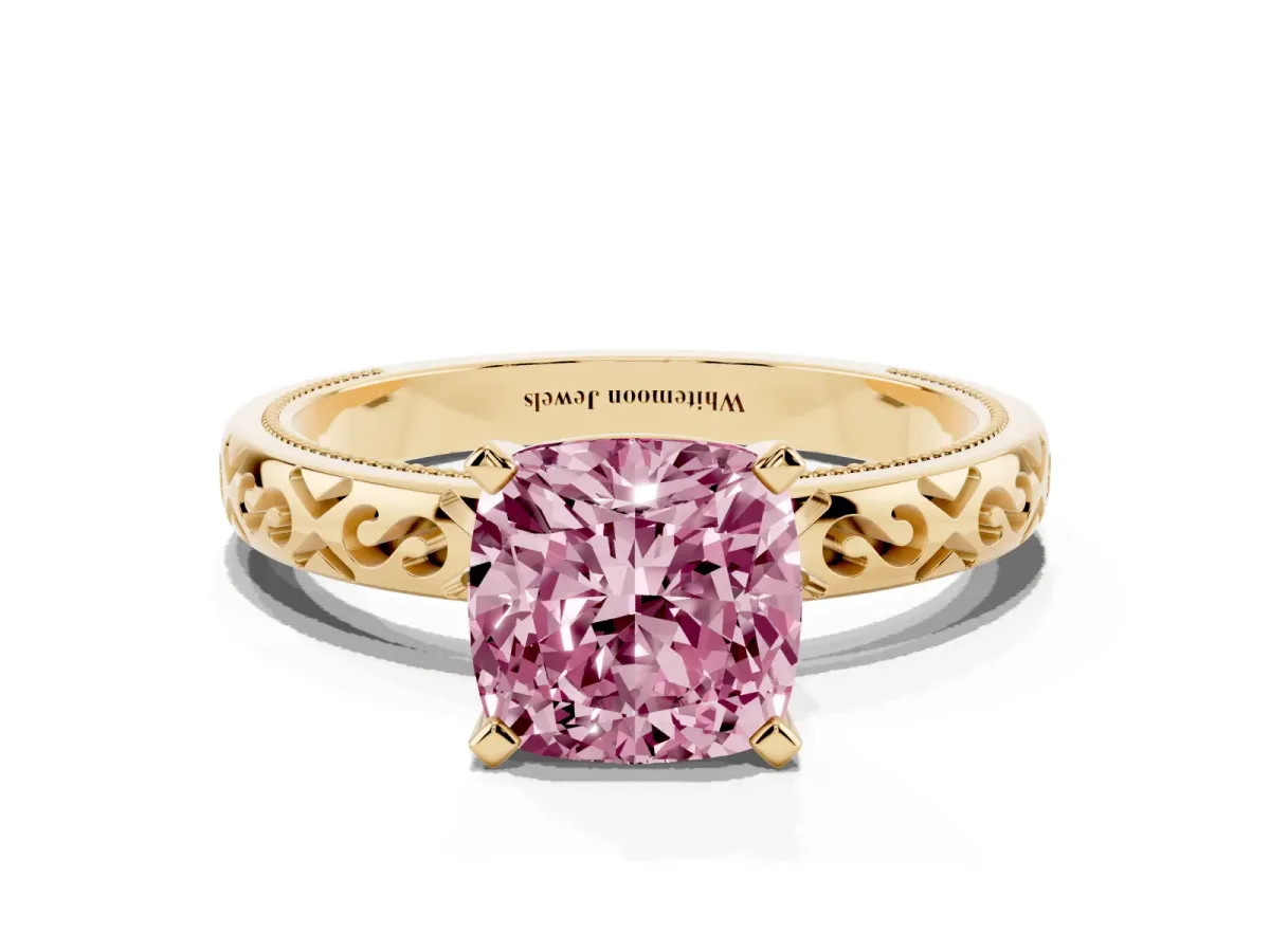 Fancy Pink Cushion Cut Solitaire Engagement Ring with Scrollwork Band and Four-Prong Setting Yellow gold