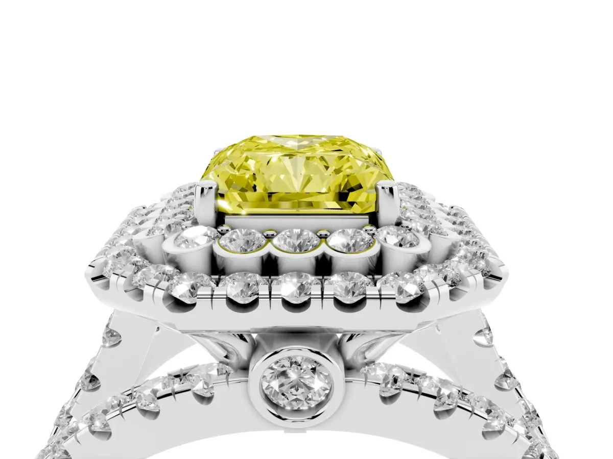 Fancy Yellow Radiant Cut Diamond Double Halo Ring with Round Pavé Split Shank and Prong Setting Silver