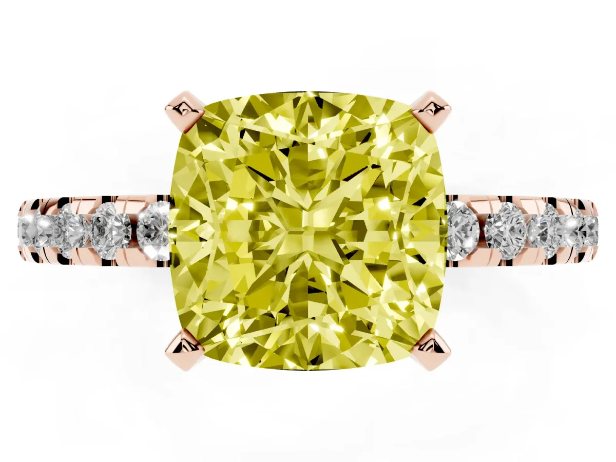 Fancy Yellow Cushion Cut Diamond Solitaire Ring with Round Pavé Band and Four-Prong Setting Rose gold