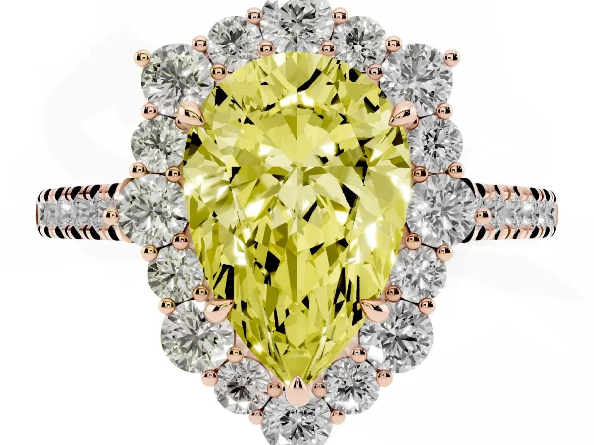 Fancy Yellow Pear Cut Halo Diamond Ring with Pavé Band and Prong Setting Rose gold