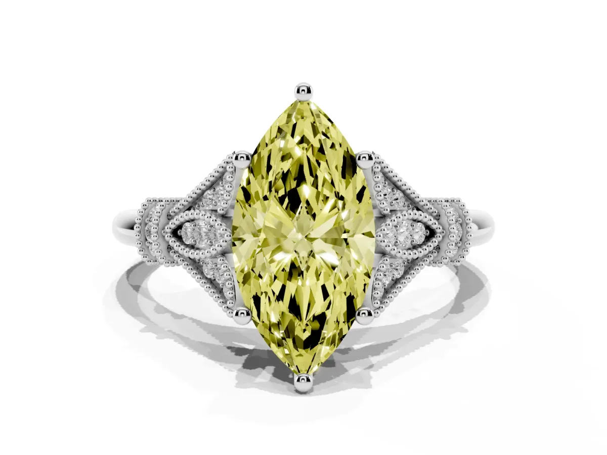Fancy Yellow Marquise Cut Diamond Solitaire Ring with Floral Filigree and Pave Accents Platinum