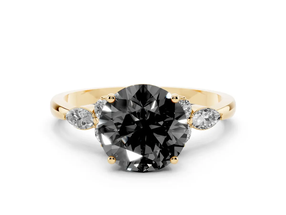 Fancy Black Round Cut Brilliant Diamond Solitaire Ring with Pear Side Stones and Four-Prong Setting Yellow gold