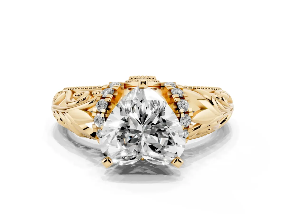 Heart Cut Solitaire Filigree Engagement Ring with Halo and Prong Setting Yellow gold