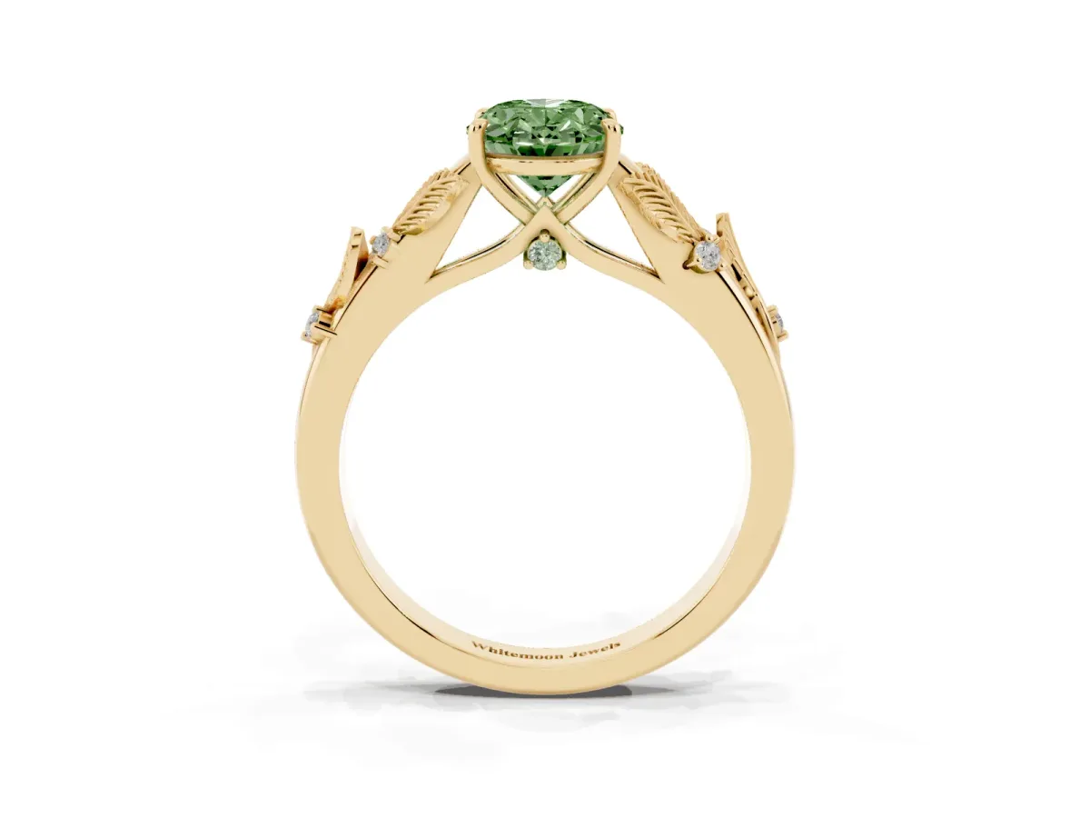 Fancy Green Oval Cut Diamond Solitaire Ring with Leaf Motif Band and Four-Prong Setting Yellow gold