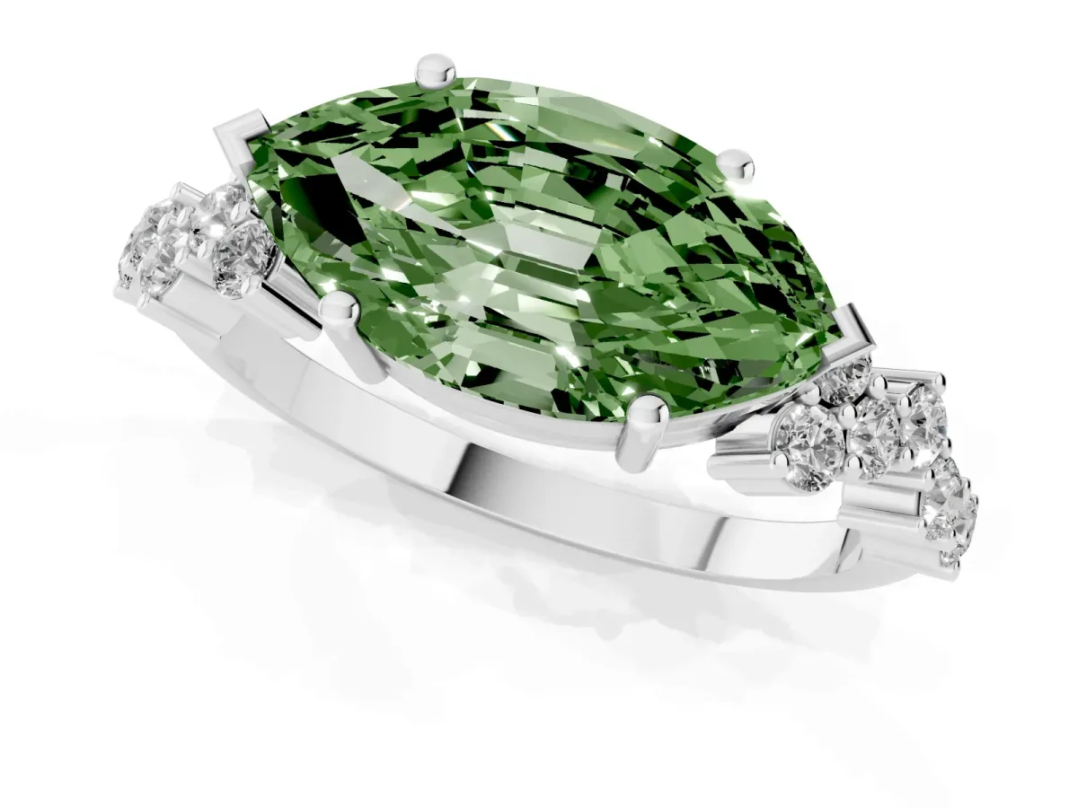 Fancy Green Marquise Cut Diamond Scattered Round Accent Ring with Prong Setting Platinum