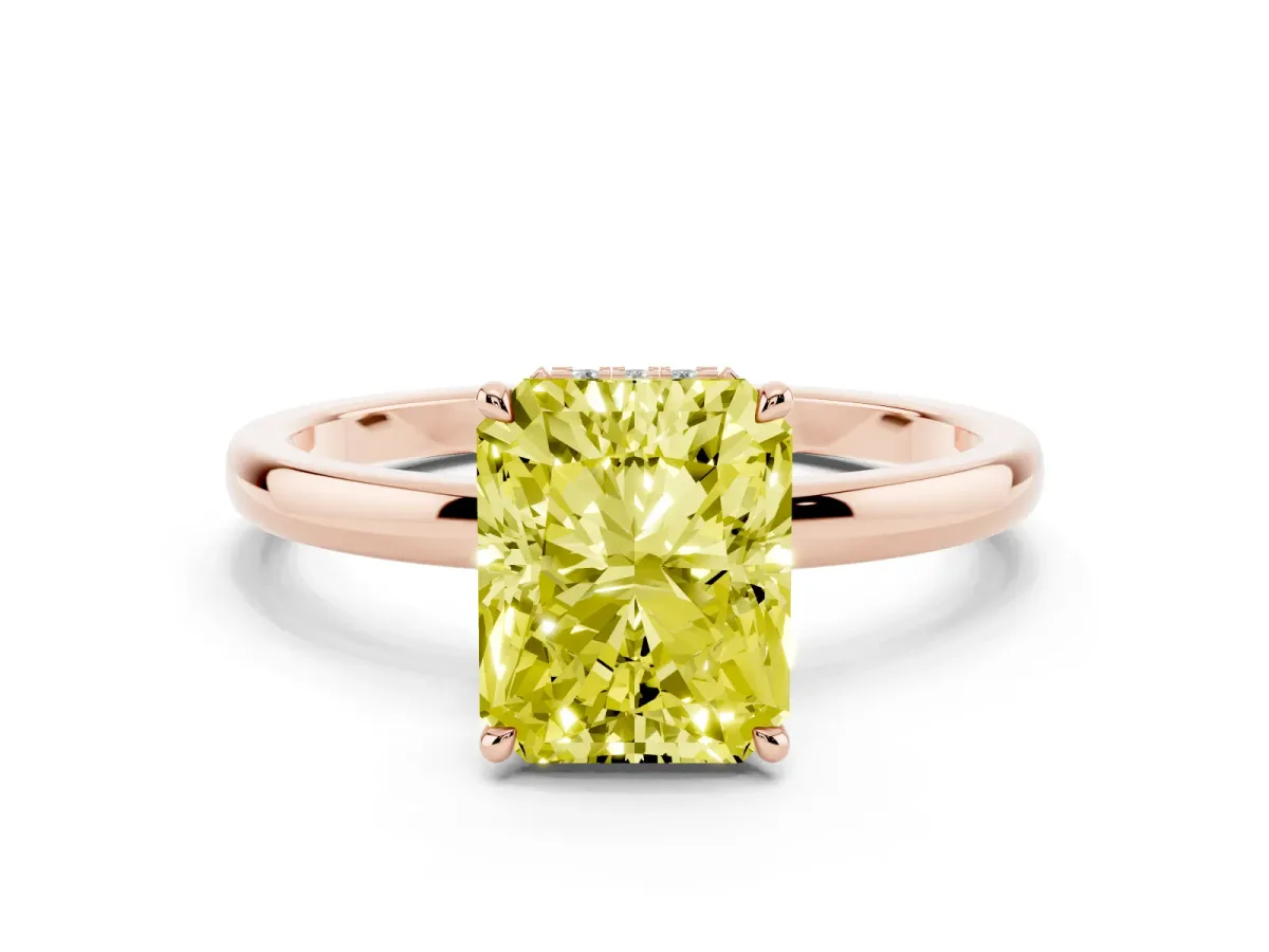 Fancy Yellow Radiant Cut Solitaire Engagement Ring with Cathedral Band and Four-Prong Setting Rose gold