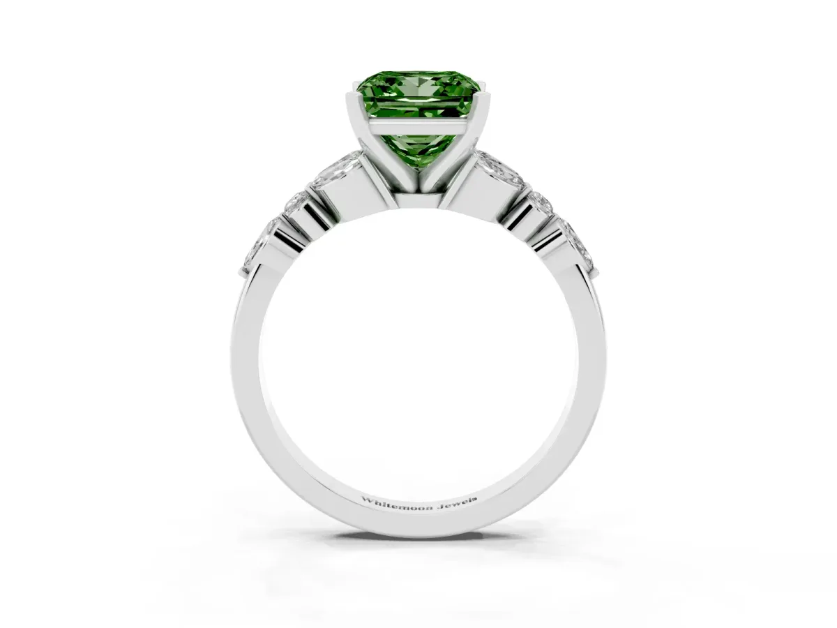 Fancy Green Princess Cut Diamond Solitaire Ring with Side Stones and Four-Prong Setting Silver