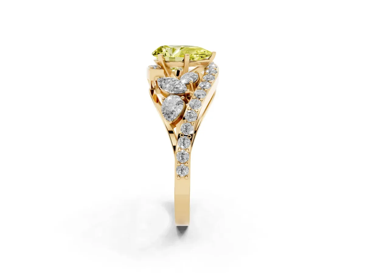 Fancy Yellow Pear Cut Diamond Halo Ring with Marquise and Pavé Band in Prong Setting Yellow gold