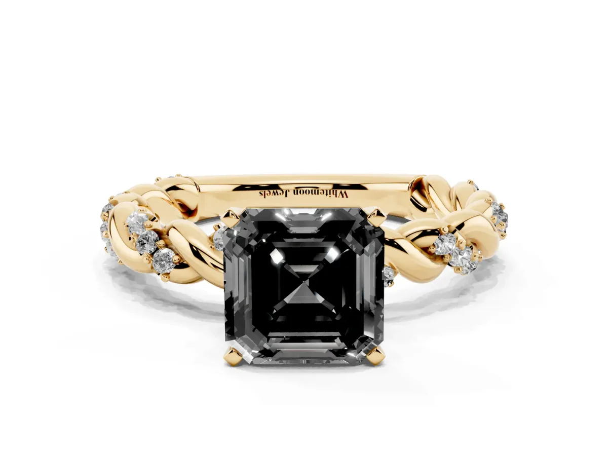 Fancy Black Asscher Cut Diamond Solitaire Ring with Twisted Band and Pavé Accents Yellow gold