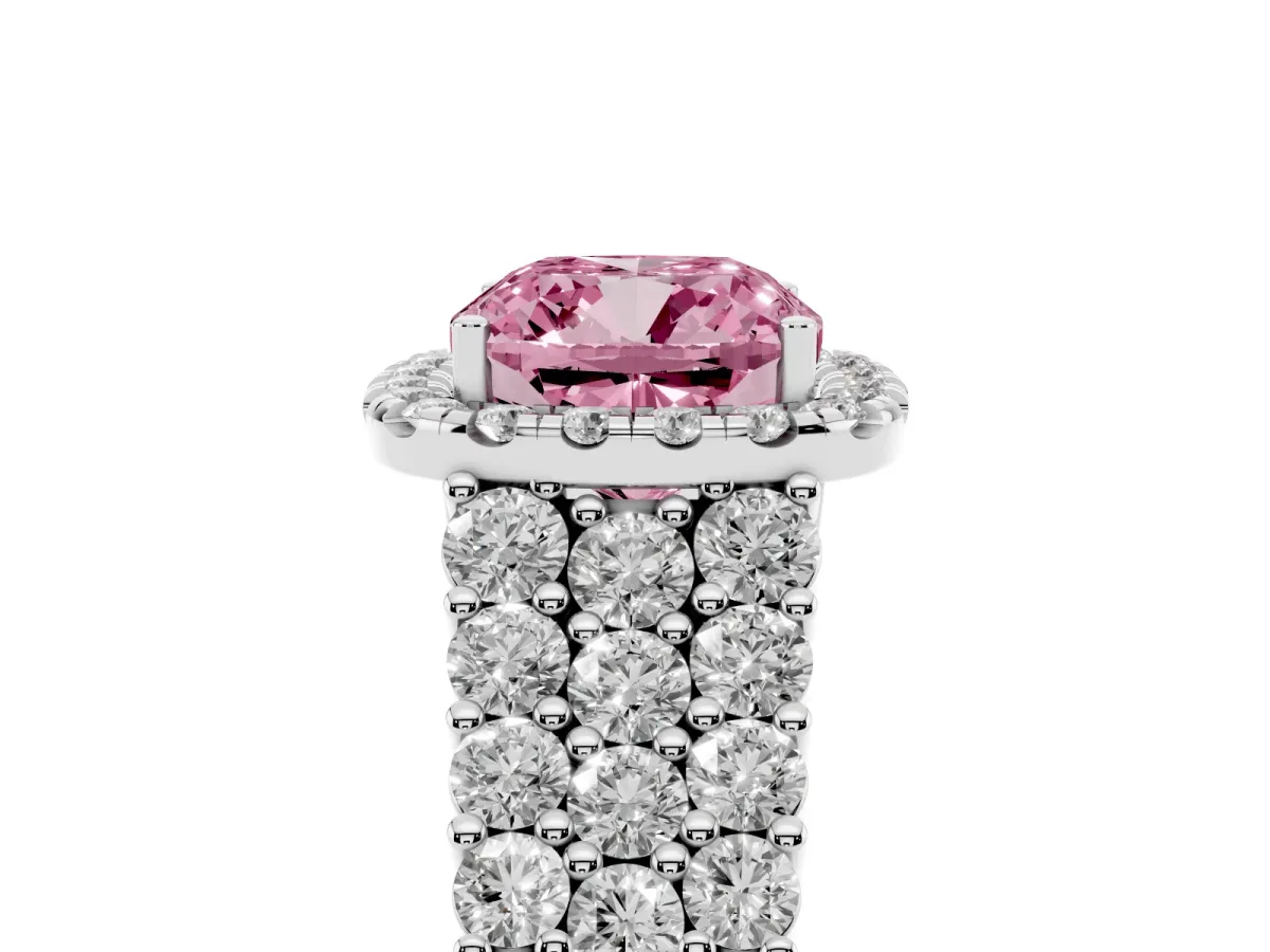 Fancy Pink Cushion Cut Diamond Halo Engagement Ring with Triple Row Round Pavé Band and Prong Setting Platinum