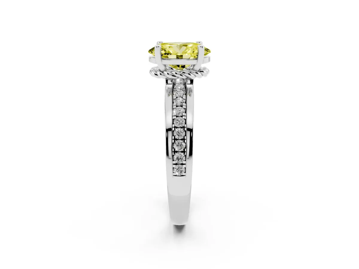 Fancy Yellow Oval Cut Solitaire Diamond Ring with Channel Set Band and Six-Prong Setting Silver
