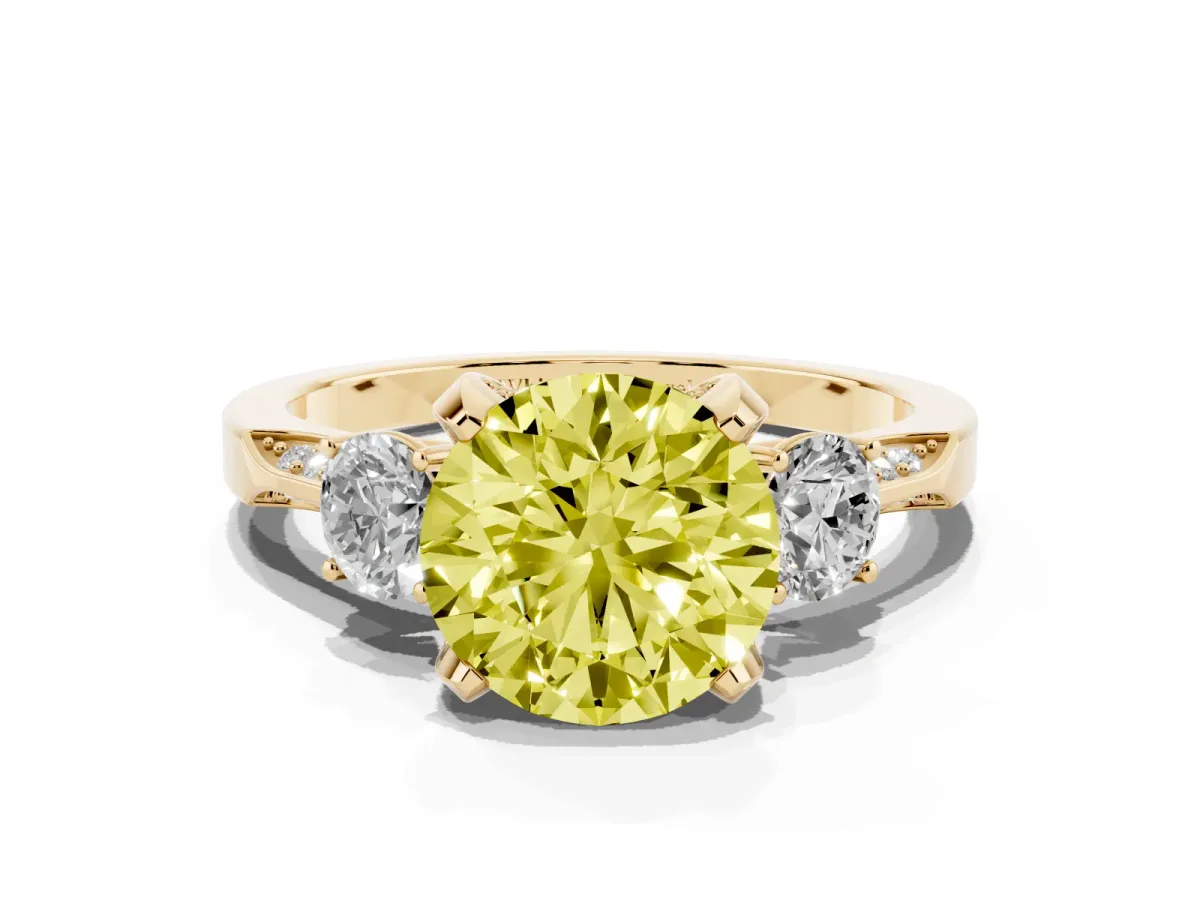 Fancy Yellow Round Cut Brilliant Three-Stone Diamond Ring with Pavé Band and Four-Prong Setting Yellow gold