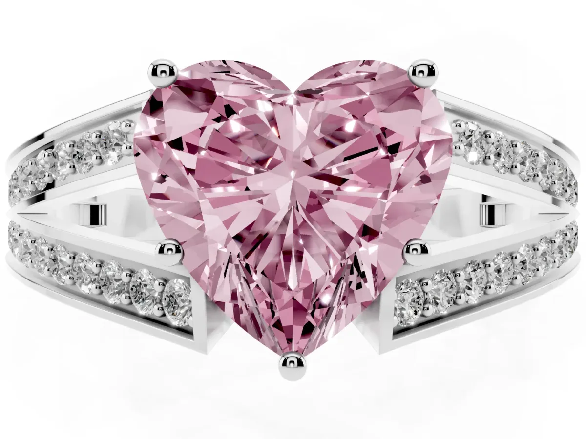 Fancy Pink Heart Cut Diamond Split Shank Ring with Pavé Band and Four-Prong Setting Silver
