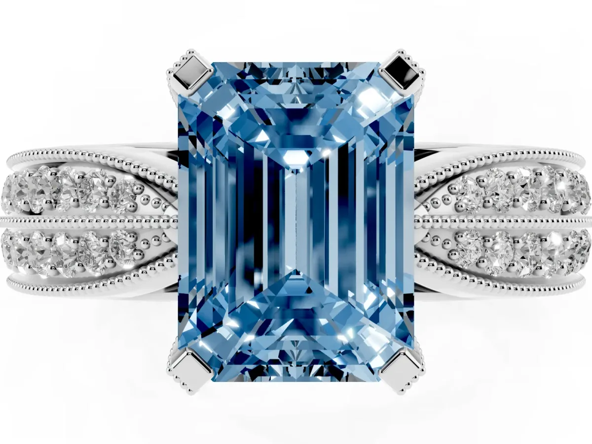 Fancy Blue Emerald Cut Diamond Solitaire Ring with Milgrain Round Pavé Band and Prong Setting Silver
