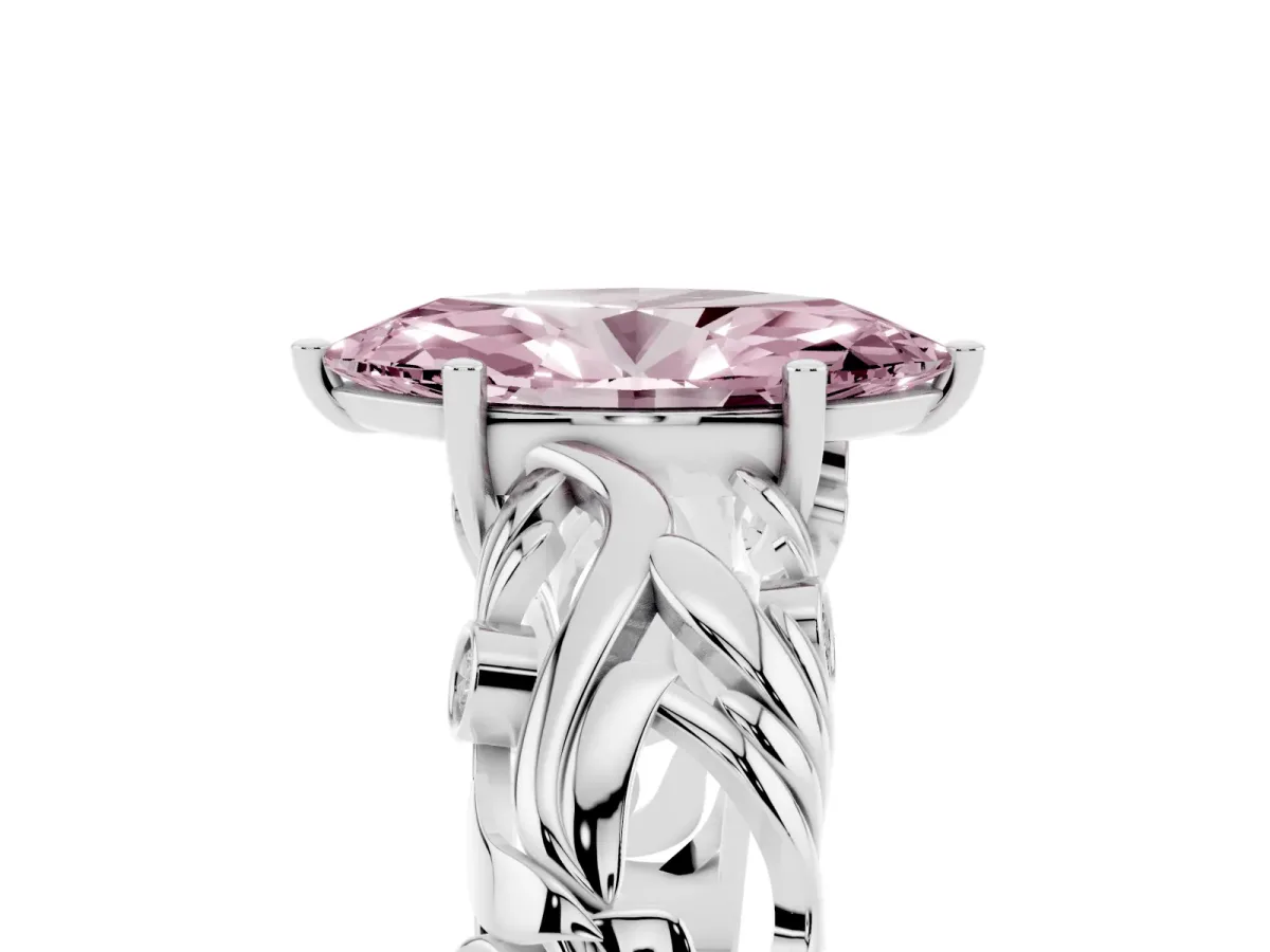 Fancy Pink Marquise Cut Solitaire Diamond Leaf-Inspired Vine Band Ring with Prong Setting Silver