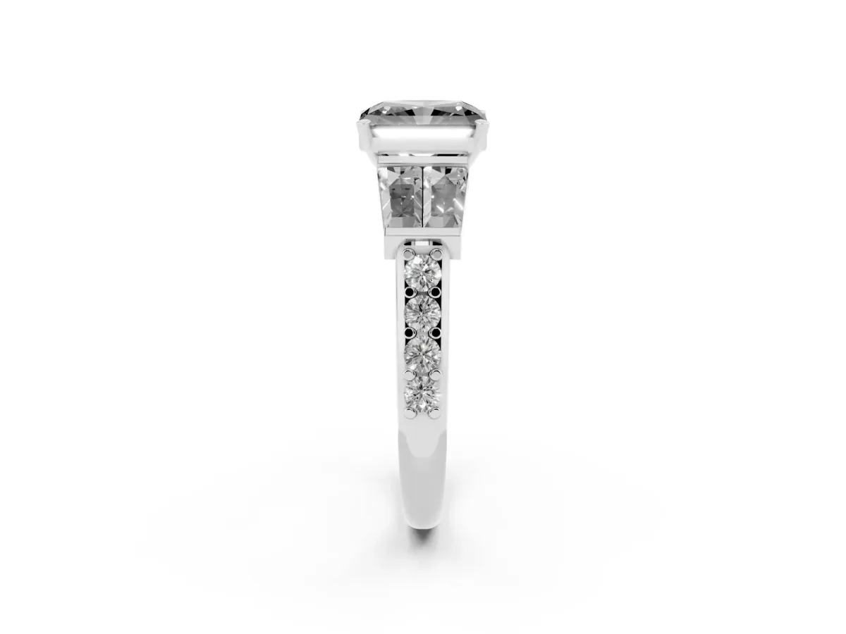 Fancy Black Radiant Cut Diamond Engagement Ring with Baguette Side Stones and Channel Set Band Platinum