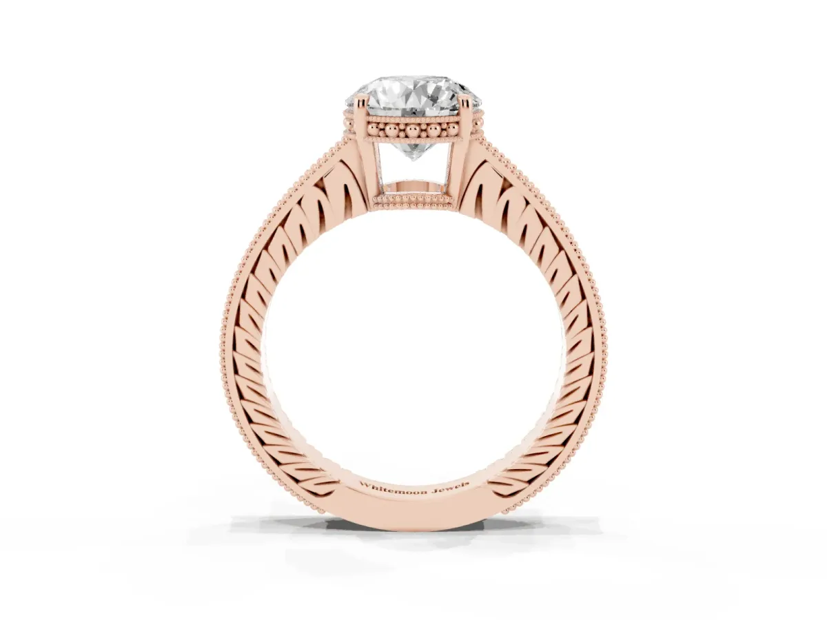 Round Cut Solitaire Pavé Diamond Milgrain Engagement Ring with Four-Prong Setting Rose gold