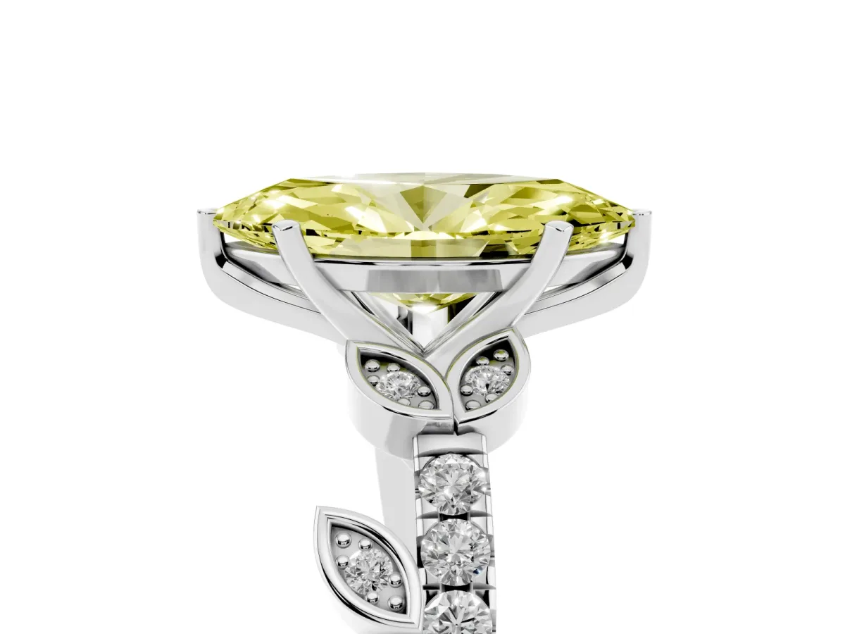 Fancy Yellow Marquise Cut Solitaire Leaf-Inspired Diamond Ring with Pavé Band and Four-Prong Setting Silver