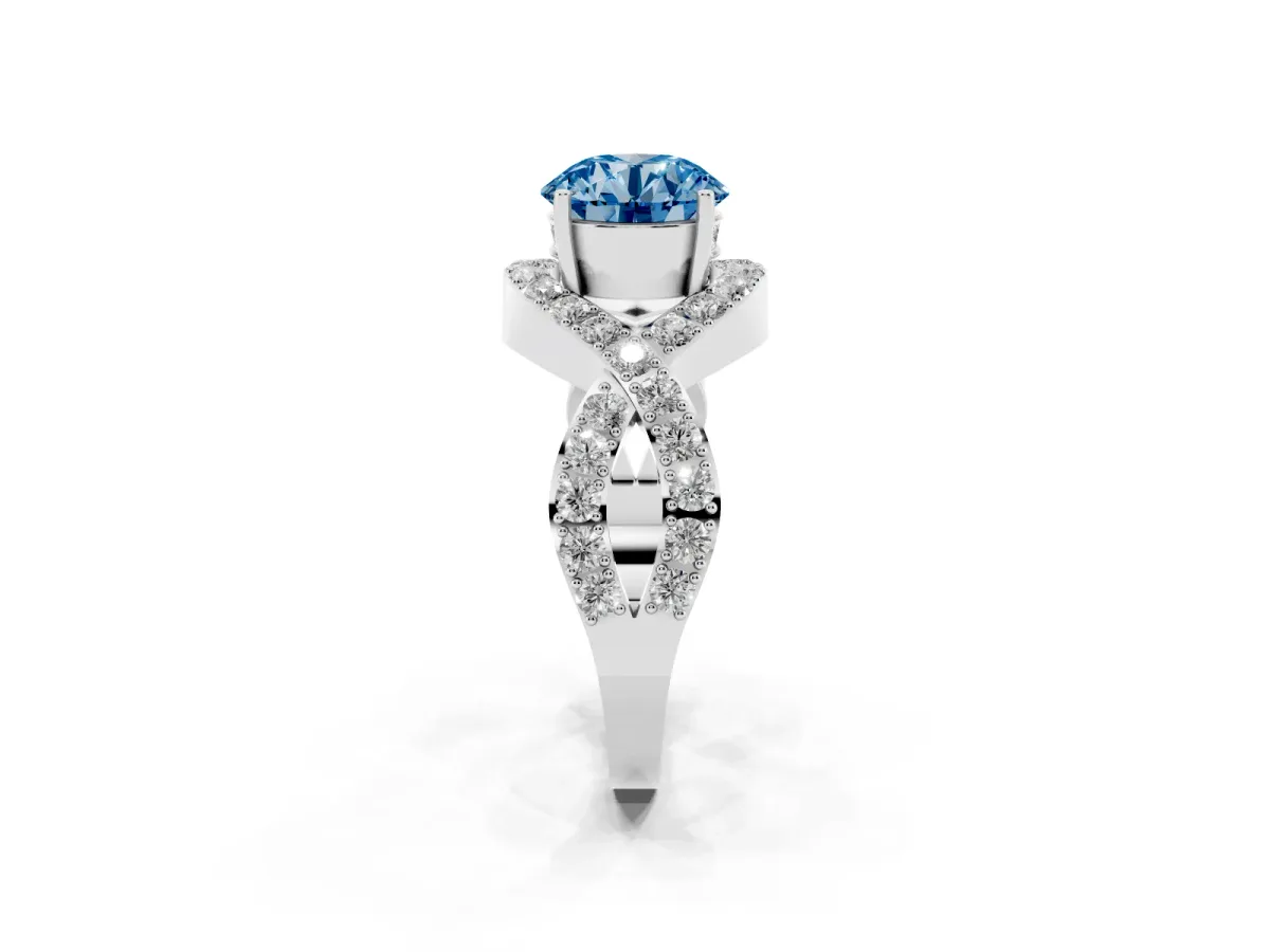Fancy Blue Round Cut Solitaire Twist Band Pavé Diamond Engagement Ring Silver