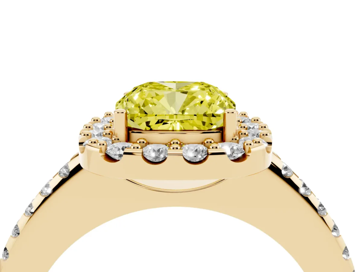 Fancy Yellow Cushion Cut Diamond Pavé Halo Ring with Four-Prong Setting Yellow gold