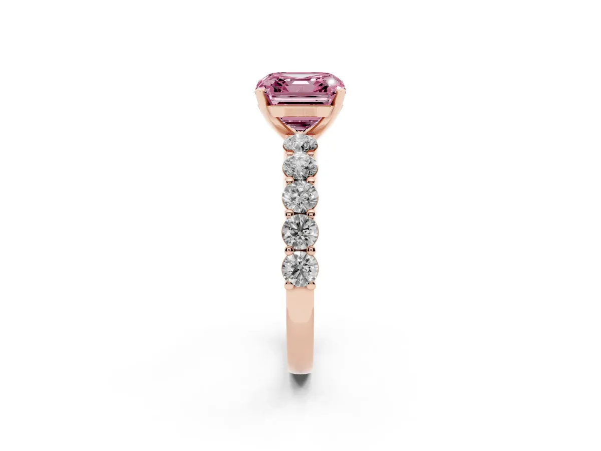 Fancy Pink Asscher Cut Diamond Solitaire Ring with Shared Prong Round Side Stones Rose gold