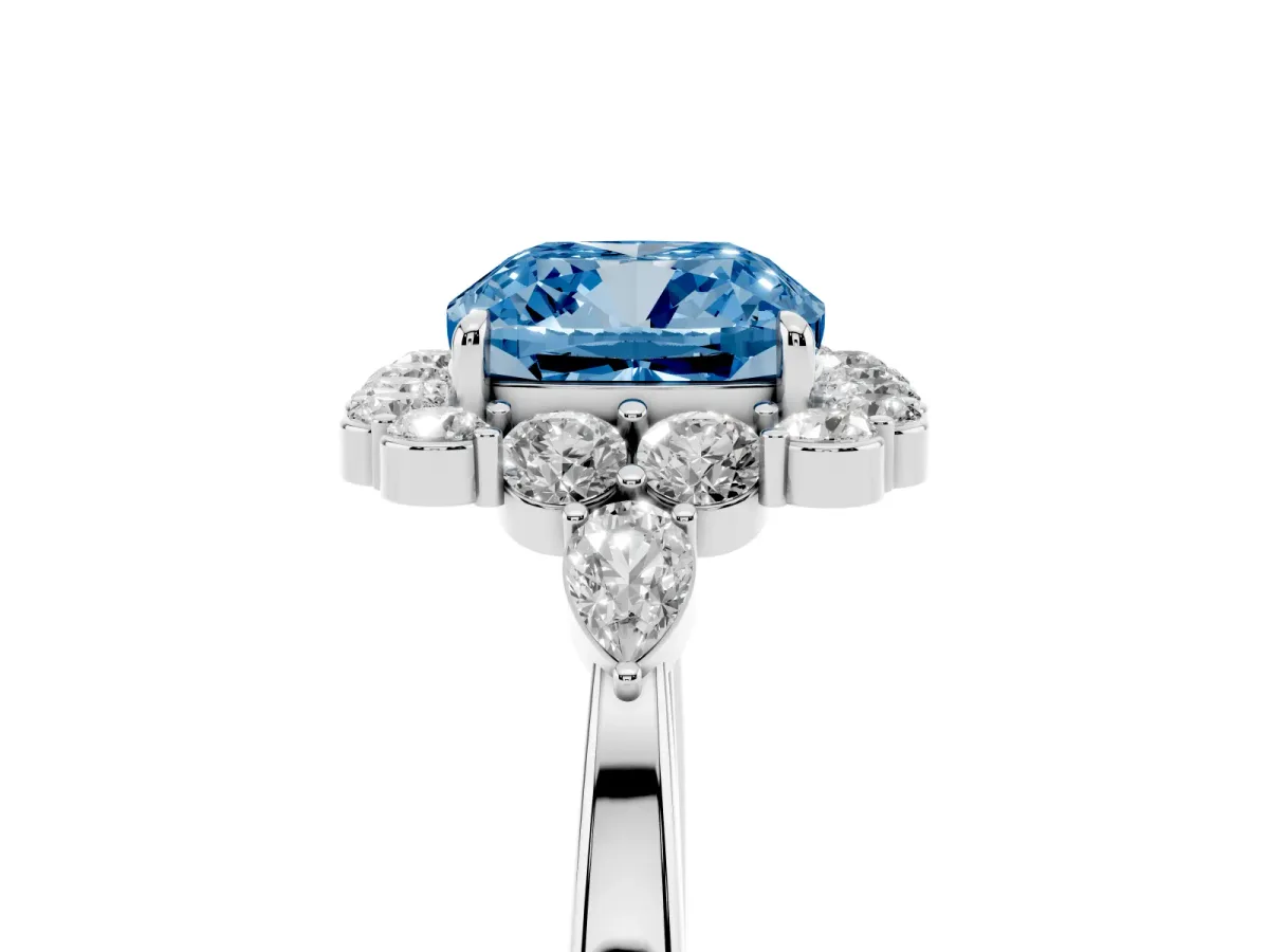 Fancy Blue Cushion Cut Diamond Halo Ring with Pear Side Stones and Prong Setting Silver